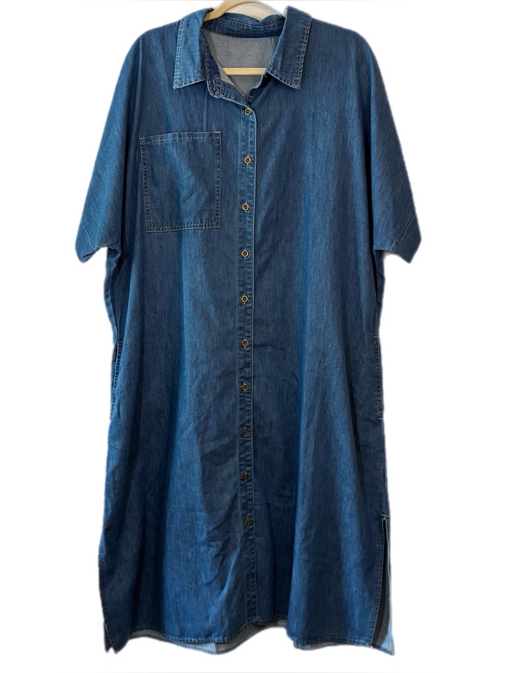 DENIM BUTTON DOWN SHORT SLEEVE MIDI DRESS, SIZE XXL